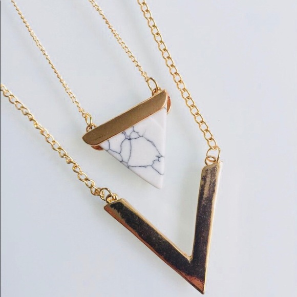 White Marble Stone Layered Triangle Necklace - Picture 5 of 7